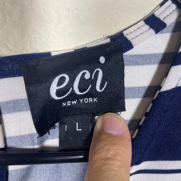 eci Women Navy White Stripe Long Bell Sleeve Pant Romper Jumpsuit Stretch Large! - Picture 4 of 7